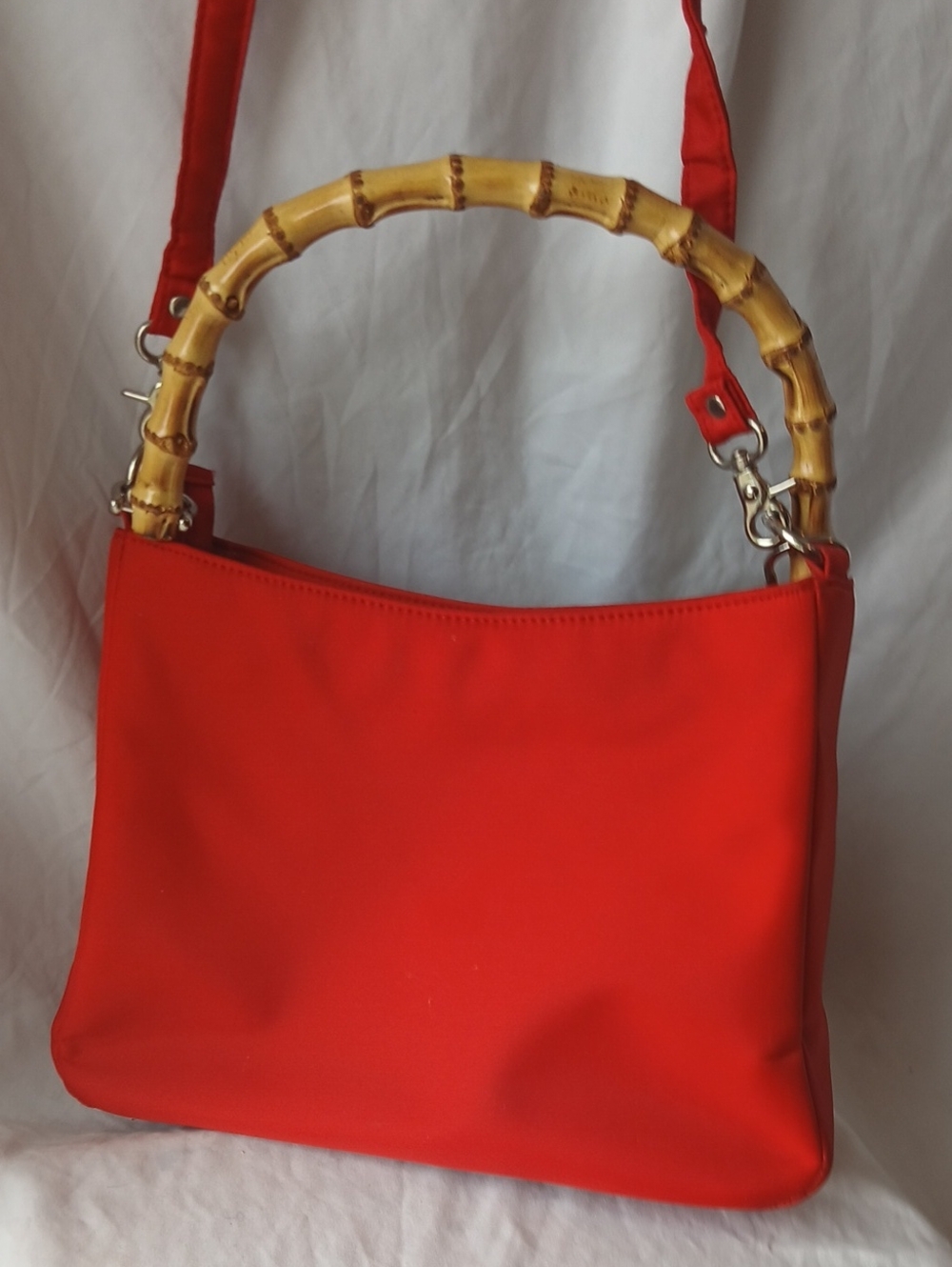 Red Satiny Shoulder Bag with Bamboo Handle